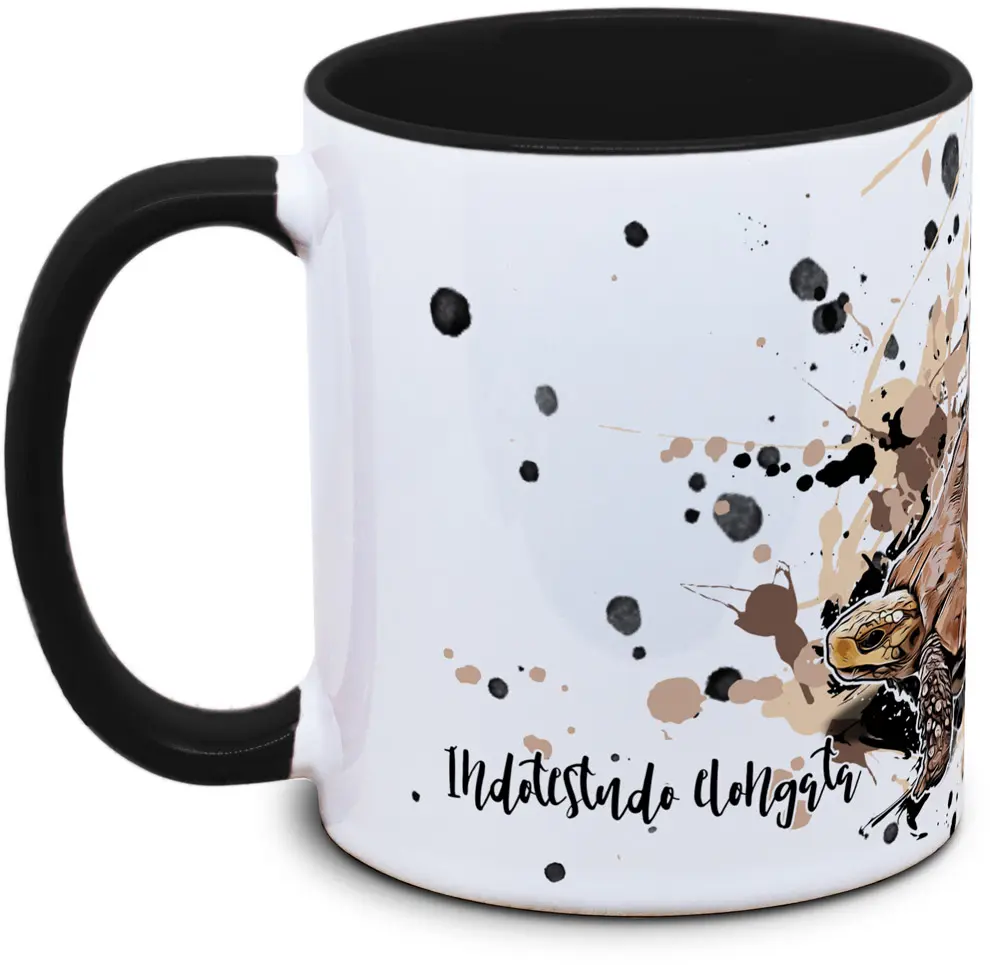 Tasse mit Indotestudo elongata GelbkopfschildkroeteSeitenansicht rechts des Henkels