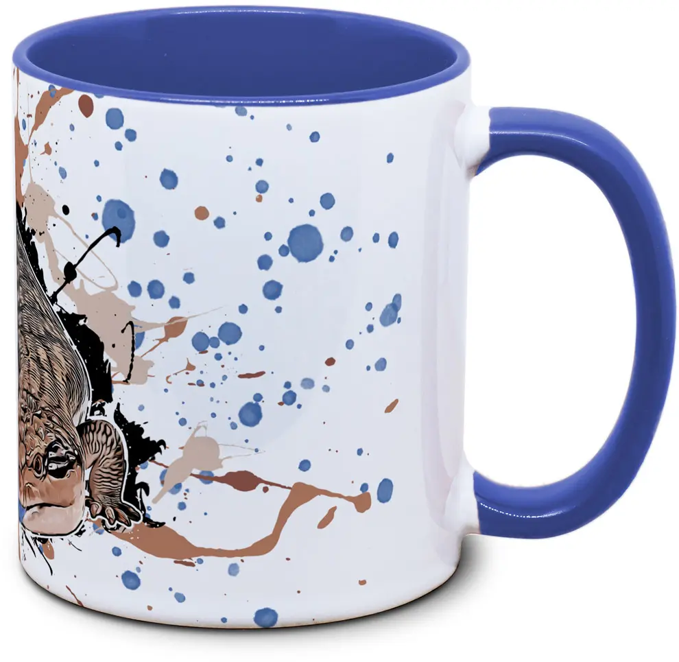 Tasse mit Tiliqua scincoides Blauzungenskink Seitenansicht links des Henkels