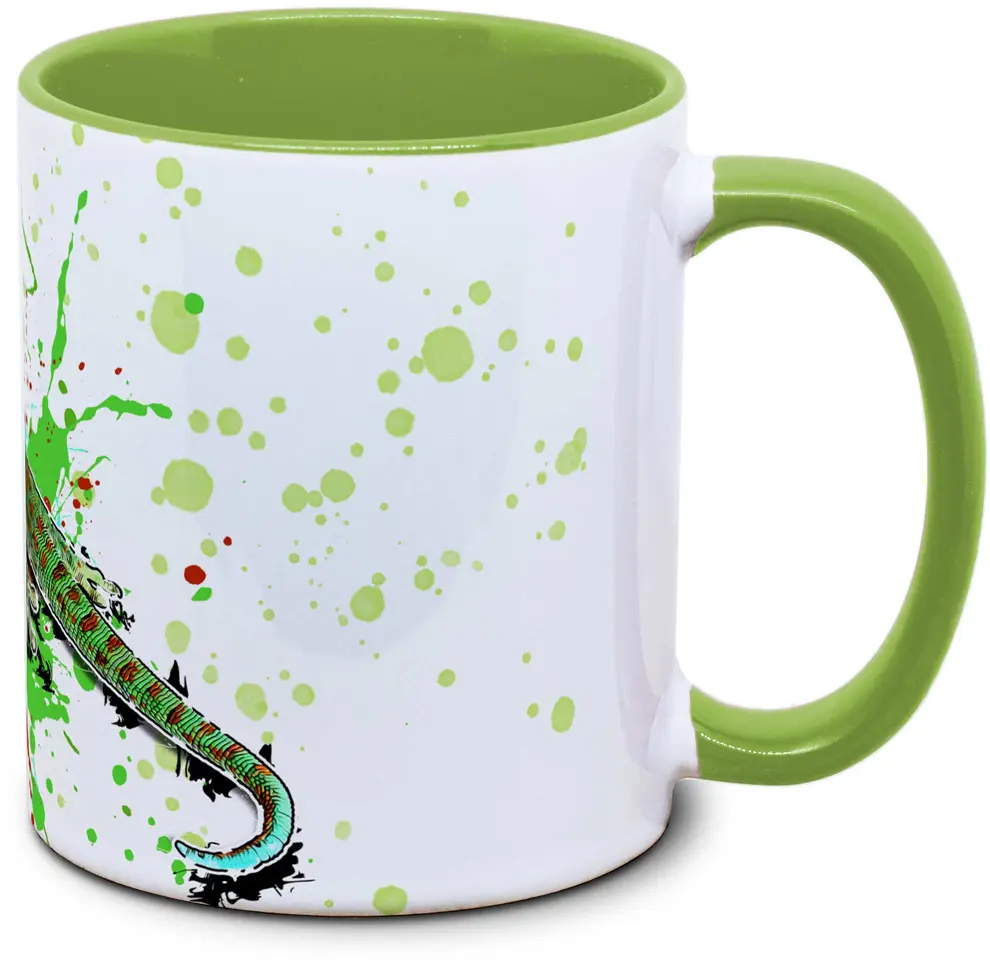 Tasse mit Phelsuma guimbeaui Mauritius Tieflandwald Taggecko Seitenansicht links des Henkels