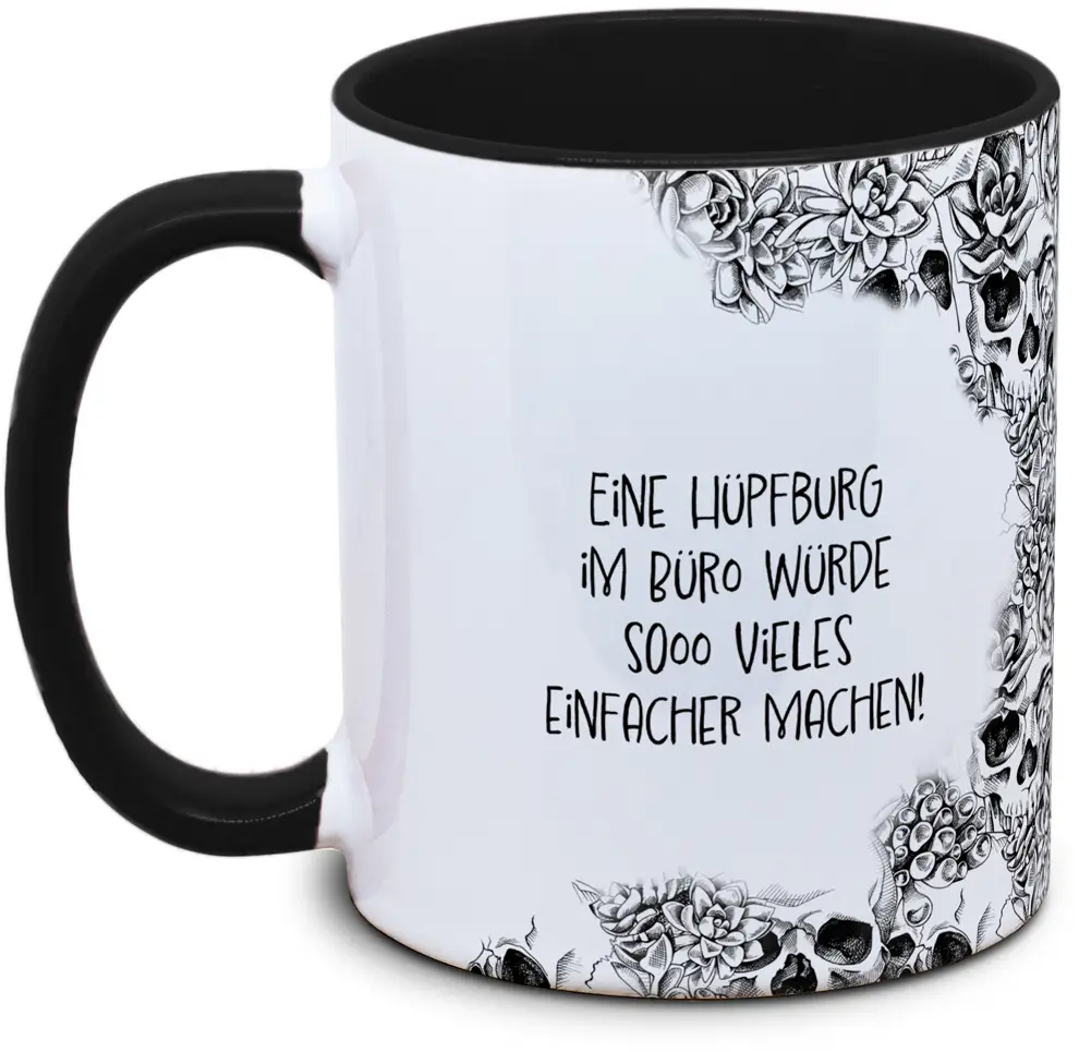 Tasse Totenkopf und Spruch: "Eine Hüpfburg im Büro würde sooo vieles einfacher machen!"