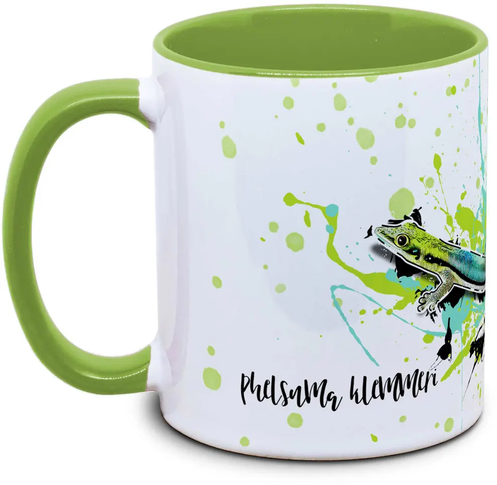 Tasse mit Phelsuma klemmeri blauer Bambus Taggecko  Seitenansicht rechts des Henkels