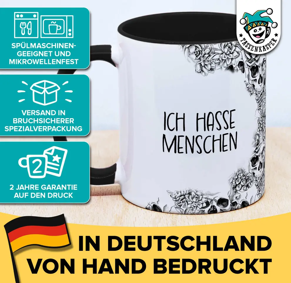 schwarze Tasse mit Totenkopf und Spruch - Ich hasse Menschen