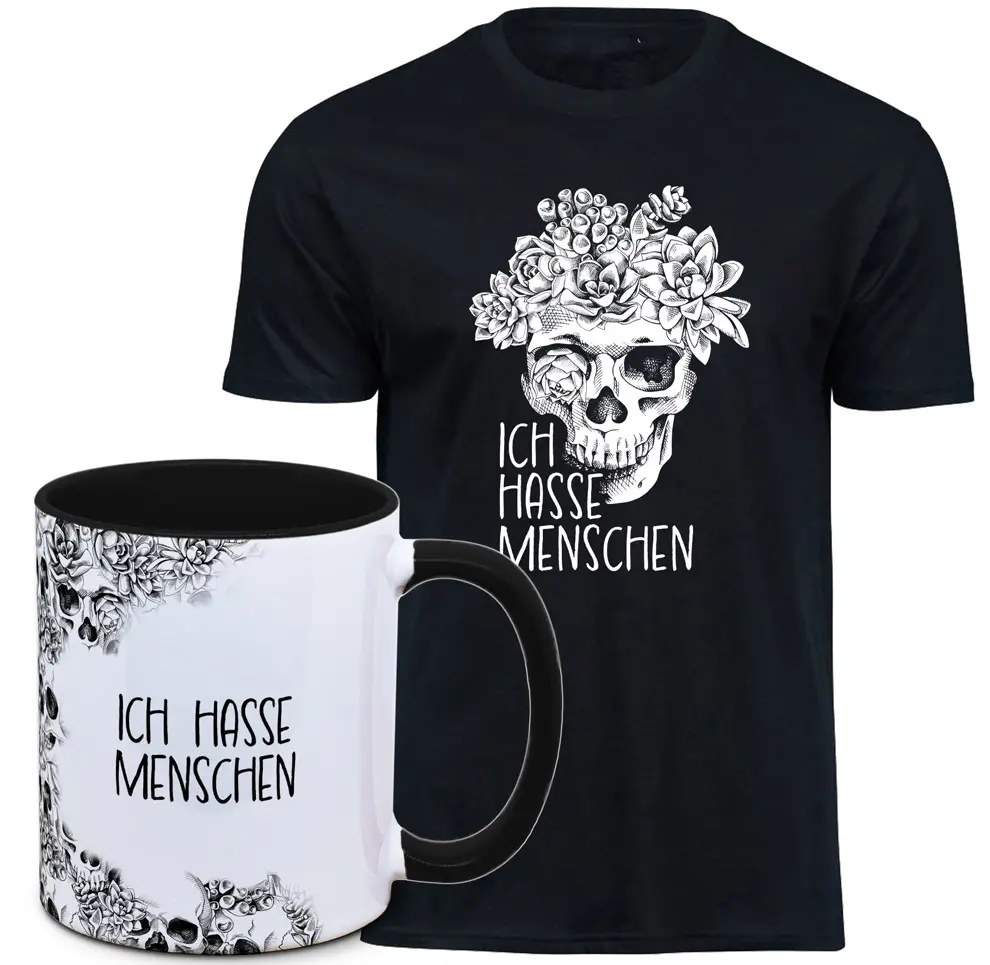 Bundle Totenkopf und Spruch: "Ich hasse Menschen" (Tasse + Shirt)