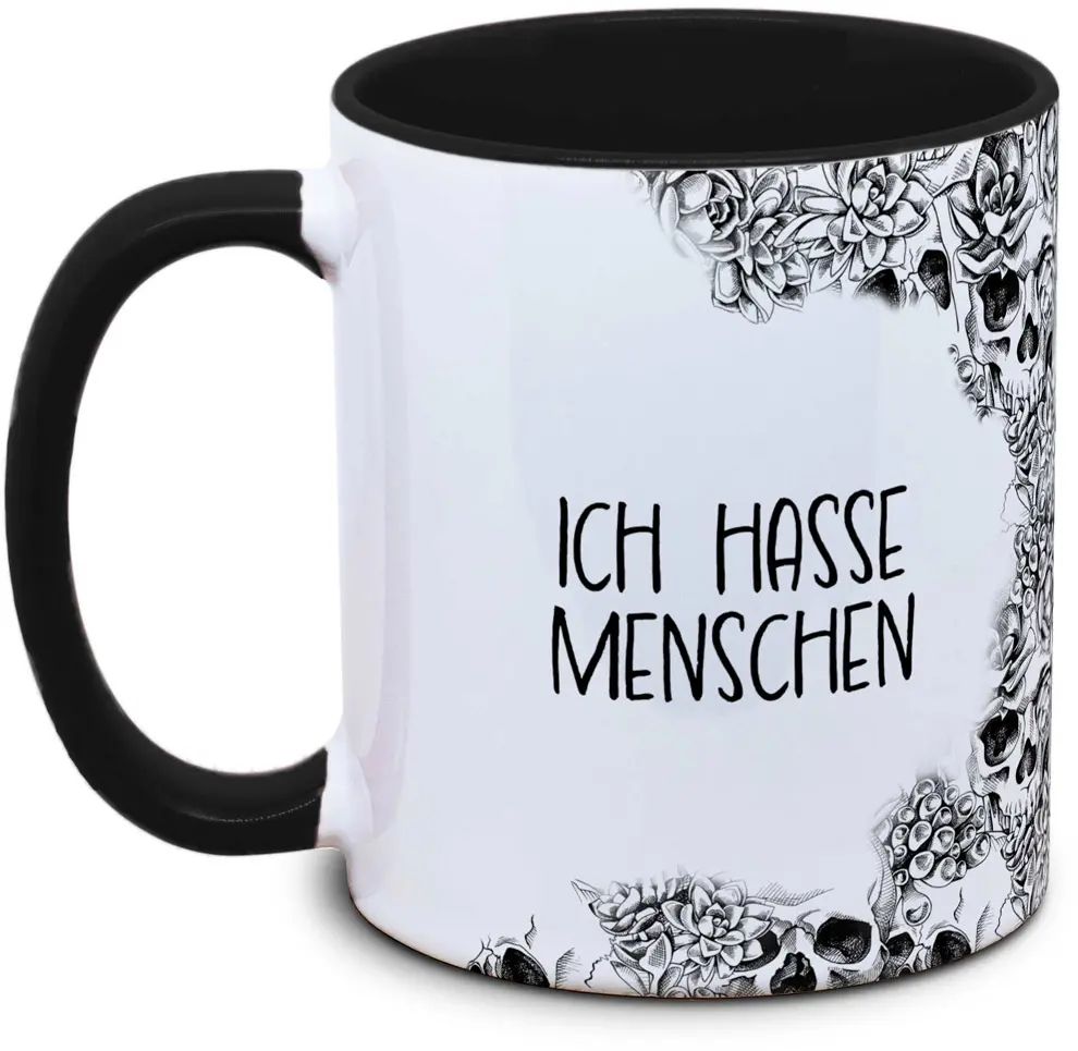 Totenkopftasse mit Spruch: Ich hasse Menschen