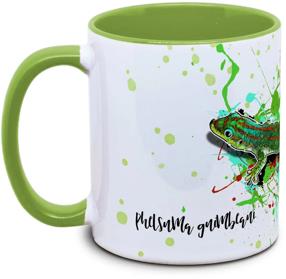 Tasse mit Phelsuma guimbeaui Mauritius Tieflandwald Taggecko Seitenansicht rechts des Henkels