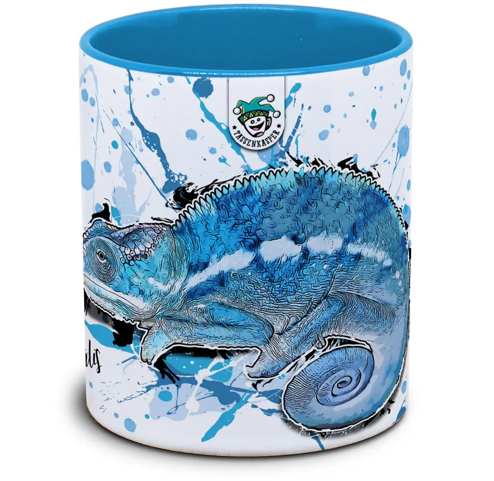 Reptilien Tasse mit Pantherchamäleon Furcifer pardalis in hellblau von Tassenkasper