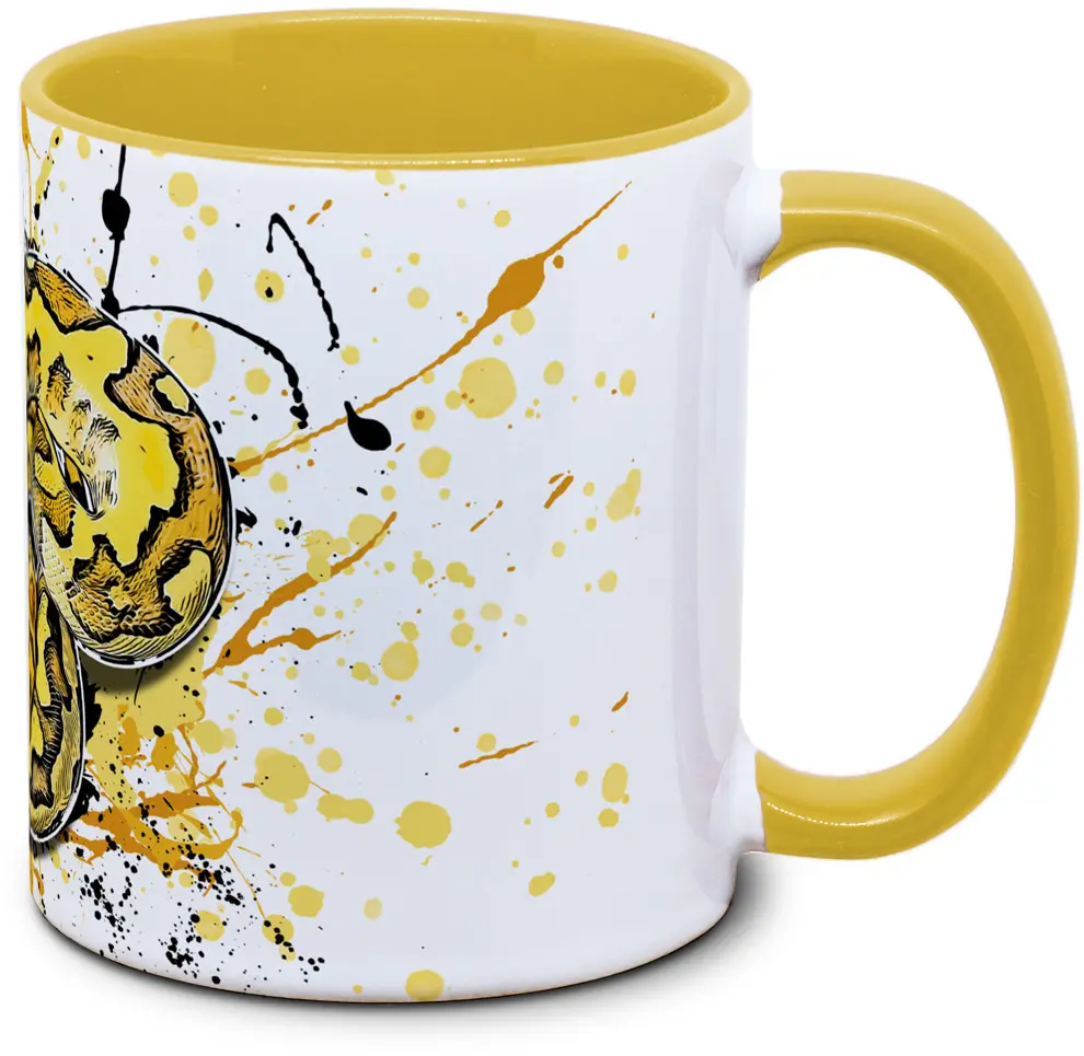 Tasse mit Python regius Super Disco Clown Koenigspython Seitenansicht links des Henkels