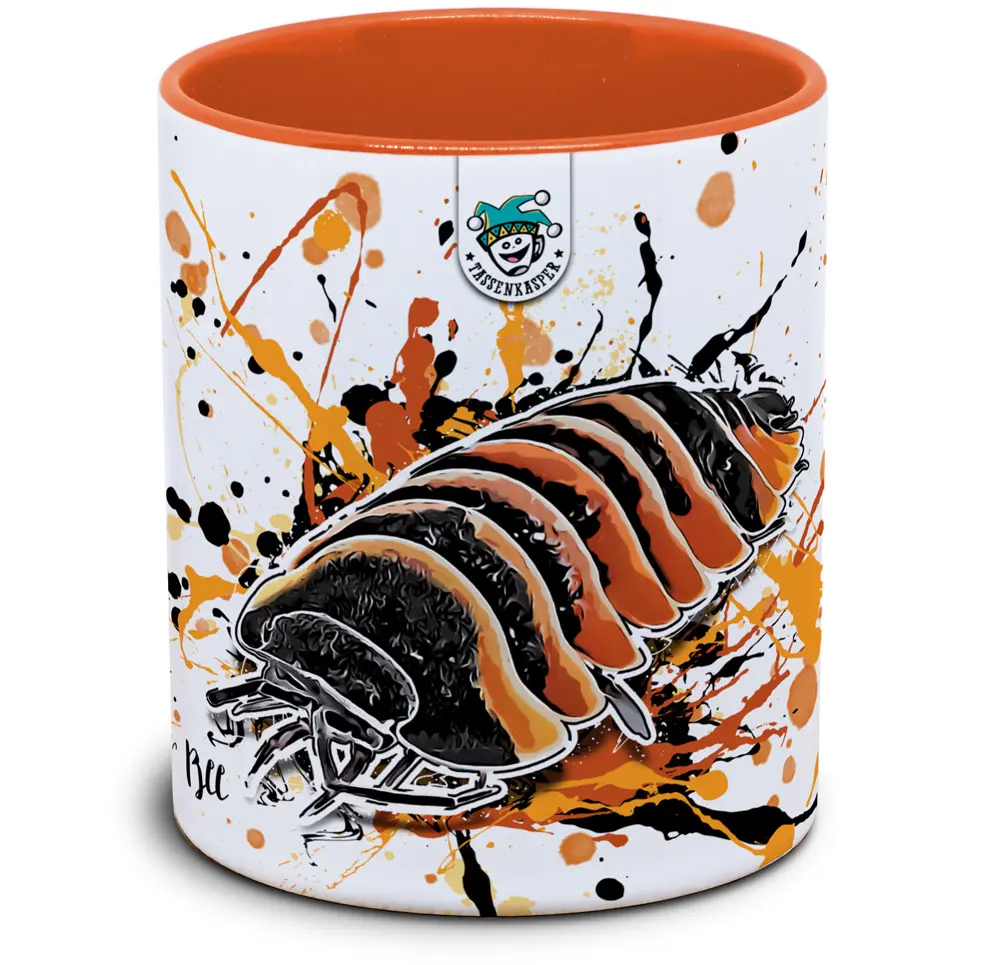 Tasse mit Motiv einer Assel Merulanella Eember Bee Henkel und Innenseite in Orange