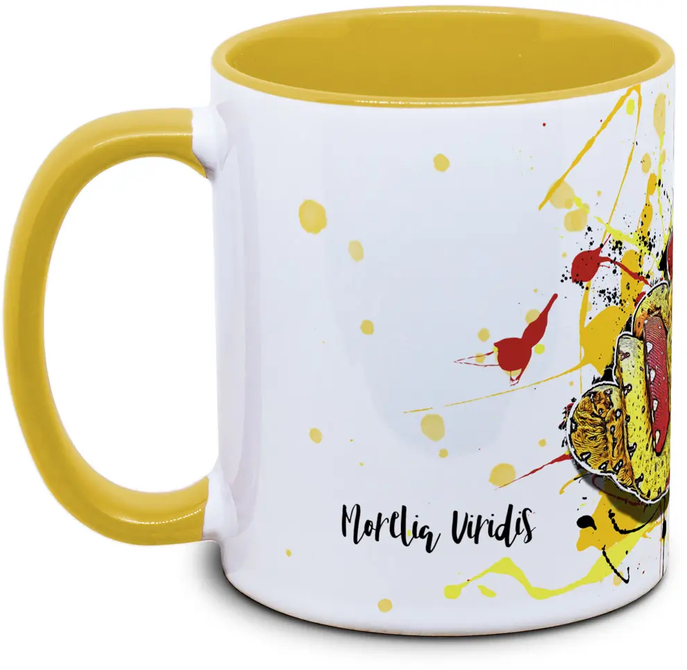 Tasse mit Morelia viridis Grüne Baumpython Seitenansicht rechts des Henkels