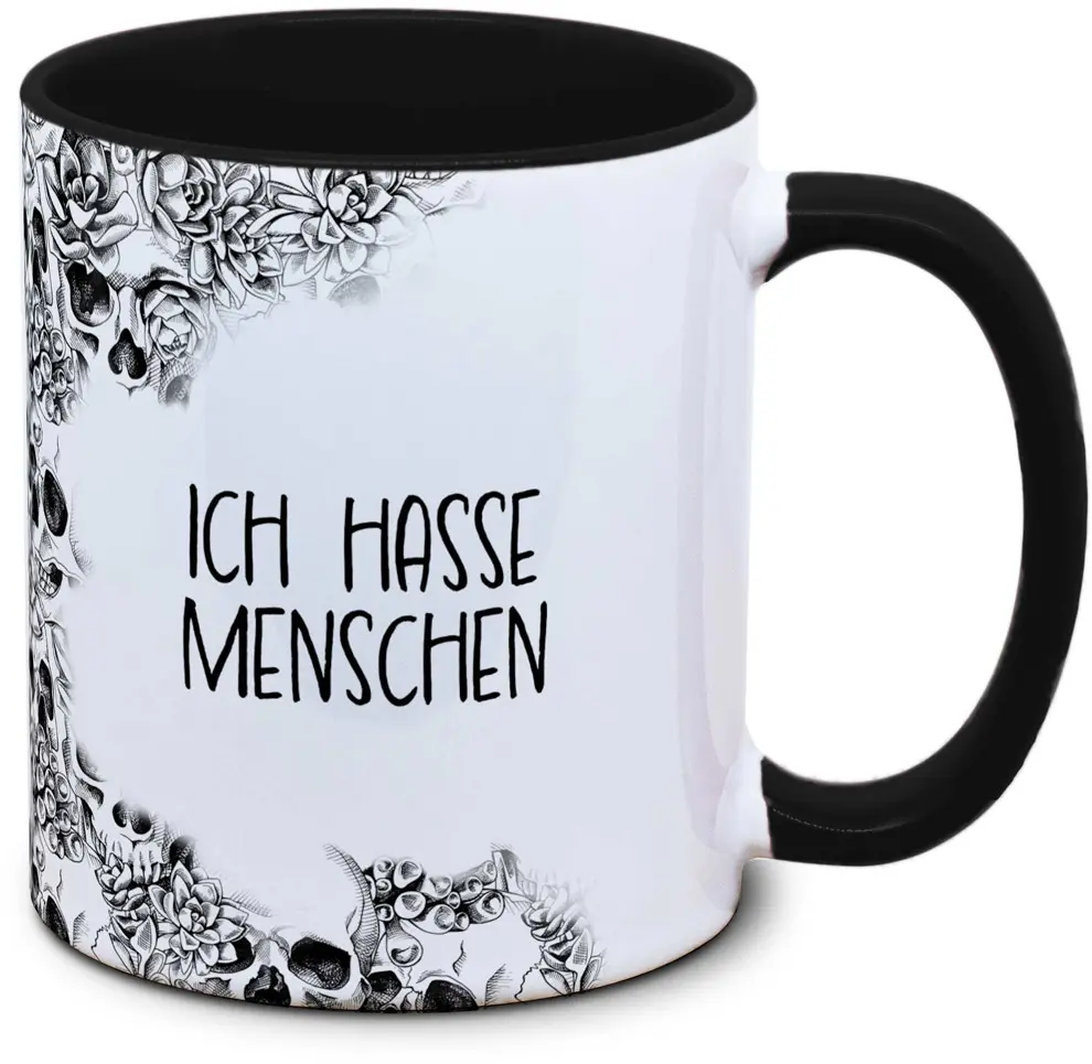 Tasse mit Spruch Ich hasse Menschen und Totenkopf